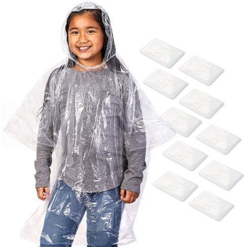 Juvale Juvale 10 Pack Disposable Rain Pullover for Kids Emergency Plastic Raincoats with Hood for Boys and Girls Clear