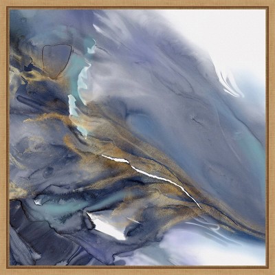 Water Wonder Abstract Blue and Gold Canvas Art with Maple Frame