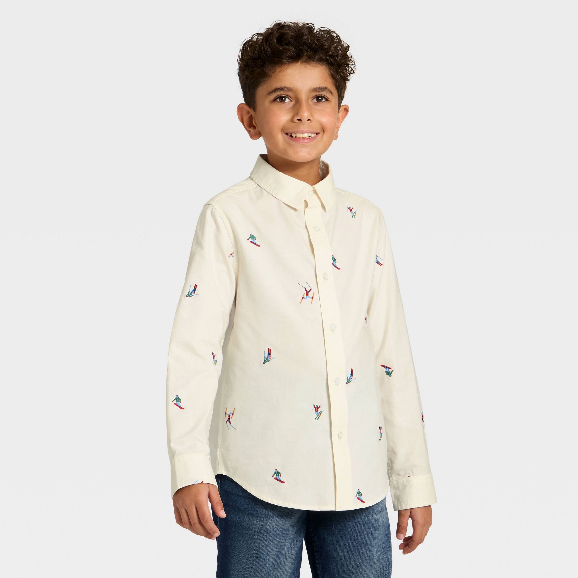 Boys' Long Sleeve Holiday Printed Button-Down Shirt - Cat & Jack™ Cream