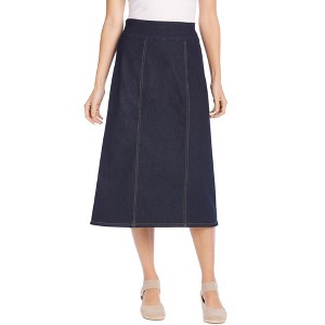 Woman Within Women's Plus Size Petite Flex-Fit Pull-On Denim Skirt - 1 of 4