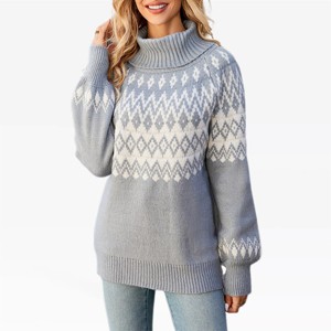 Womens Turtle Neck Pullover Sweater Snowflakes Lantern Sleeve Chunky Nordic Sweater Festive Christmas Sweater Oversized Winter Warm Tops - 1 of 4