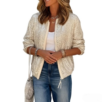 Women's Sparkly Sequin Bomber Jacket Short Zip-Up Party Evening Outerwear