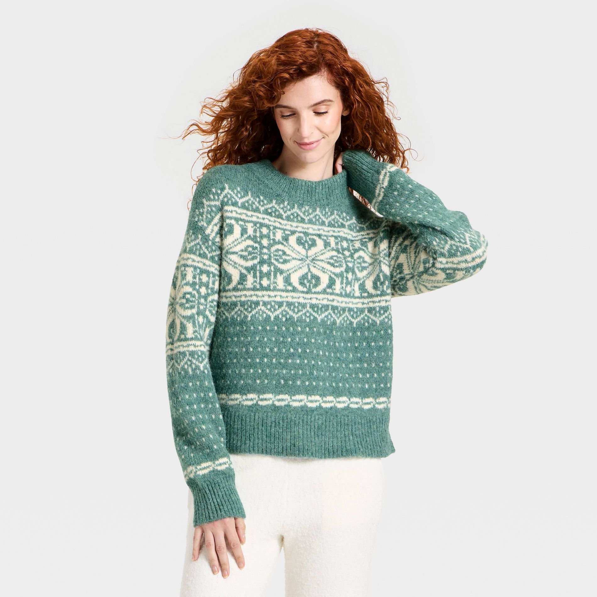 Women's Alpine Crewneck Pullover Sweater - Universal Thread™ Green Snowflakes L