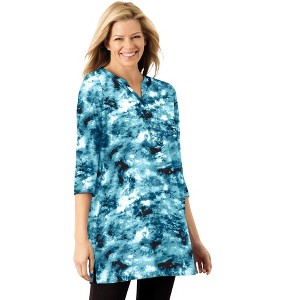 Woman Within Plus Size Three-Quarter Sleeve Notch-Neck Tunic - 1 of 3