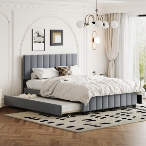 Queen Size Platform Bed, Velvet Upholstered Bed Frame with 2 Drawers and Twin XL Trundle Bed -ModernLuxe - 1 of 4