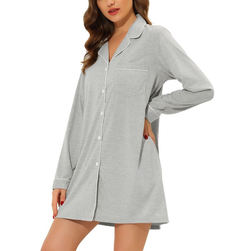 cheibear Women's Long Sleeve Button Down Lounge Nightshirt, 2 of 6