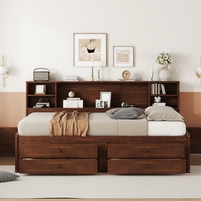 2-Piece Full Size Wood Platform Bed ,with Storage Drawers and Bookcase Headboard, Antique Brown - Baofuwish