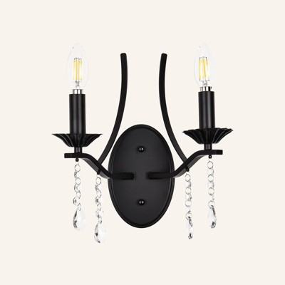 PAKOKULA 2-Light Black Vintage Candlestick Wall Sconce with Crystal Pendant