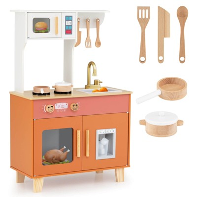 Costway Kids Play Kitchen with Microwave Stoves Rotation Knobs Ice Dispenser Faucet Sink Green/Brown