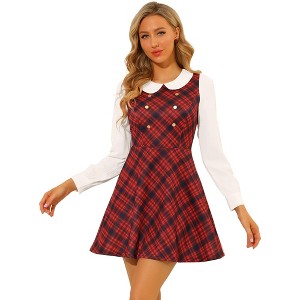 Allegra K Women's Plaid Peter Pan Collar Long Sleeve Mini A-Line Dress - 1 of 4