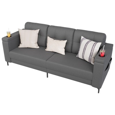 Sofas for Living Room, 84 Inch with Storage Armrests, Comfy Teddy Fleece Small Couch with Cup Holders and Convenient Side Pockets for Apartment