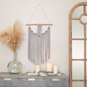 Olivia & May 44" x 20" Cotton Macrame Intricately Weaved Wall Decor with Beaded Fringe Tassels Gray : Bohemian Style Vertical Artwork - 1 of 4