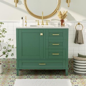 Akoasm 36 in. W Modern Solid Pine Frame Bathroom Vanity with 1 Soft Close Door and 3 Drawers-Green - 1 of 4