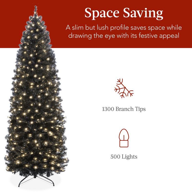 Best Choice Products Pre-Lit Black Artificial Christmas Tree, Holiday Pencil Tree w/ Metal Base, 6 of 9