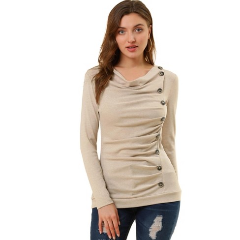 Allegra K Women's Cowl Neck Long Sleeves Buttons Decor Ruched Top