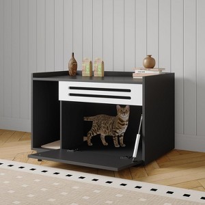 Cat Litter Box Enclosure, Wooden Cat Washroom Furniture with Barn Door, Hidden Litter Box Cover, Dog Proof Feline Litter Boxes, Kitten House - 1 of 4