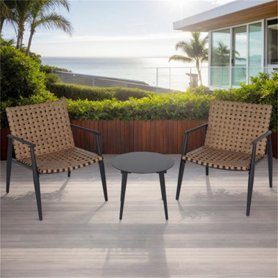 SKRAN Set of 3 Outdoor Table and Chair Set , 2 PE Rattan Chairs Black Steel & Tempered Glass Side Table Outdoor Chat Set for Patio, Balcony, Garden