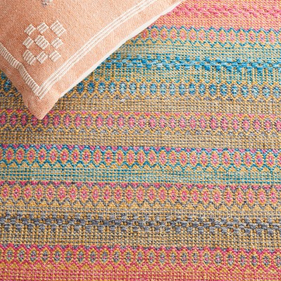 Handwoven Pink and Blue Wool Cotton 6' x 9' Area Rug