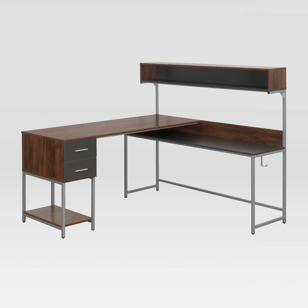 Photos - Office Desk L Shape Desk with Hutch and Storage Walnut - Techni Mobili: Industrial Style, Steel Frame, Ample Shelving