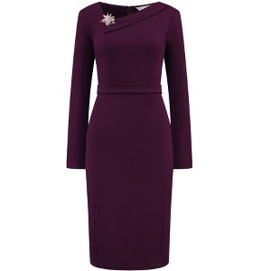 INSPIRE CHIC Women's Asymmetrical Neckline Long Sleeve Wear to Work Sheath Dress - 1 of 4