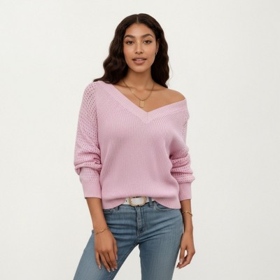 Anna-Kaci Women's Off-Shoulder Knit Sweater with Pointelle Sleeves and Relaxed Fit