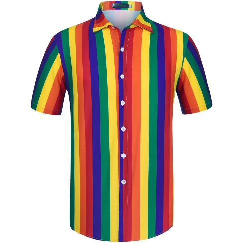 Lars Amadeus Men's Vertical Striped Shirt Short Sleeve Button Down Summer  Color Block Hawaiian Beach Striped Shirts Rainbow Yellow Small
