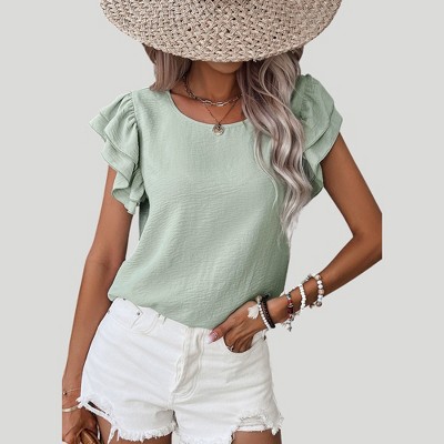 Amaryllis Women’s Double Layer Ruffle Sleeve Crinkled Textured Woven Scoop Neck Blouse Lightweight