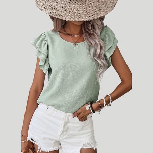 Amaryllis Women’s Double Layer Ruffle Sleeve Crinkled Textured Woven Scoop Neck Blouse Lightweight - 1 of 4
