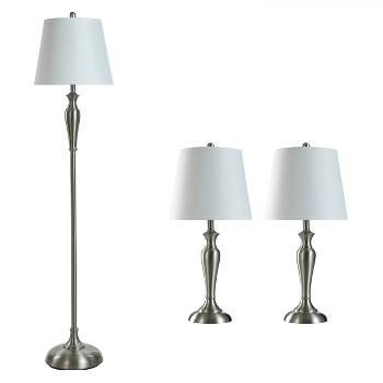 2 Table Lamps and 1 Floor Lamp Brushed Steel with White Hardback Shades - StyleCraft