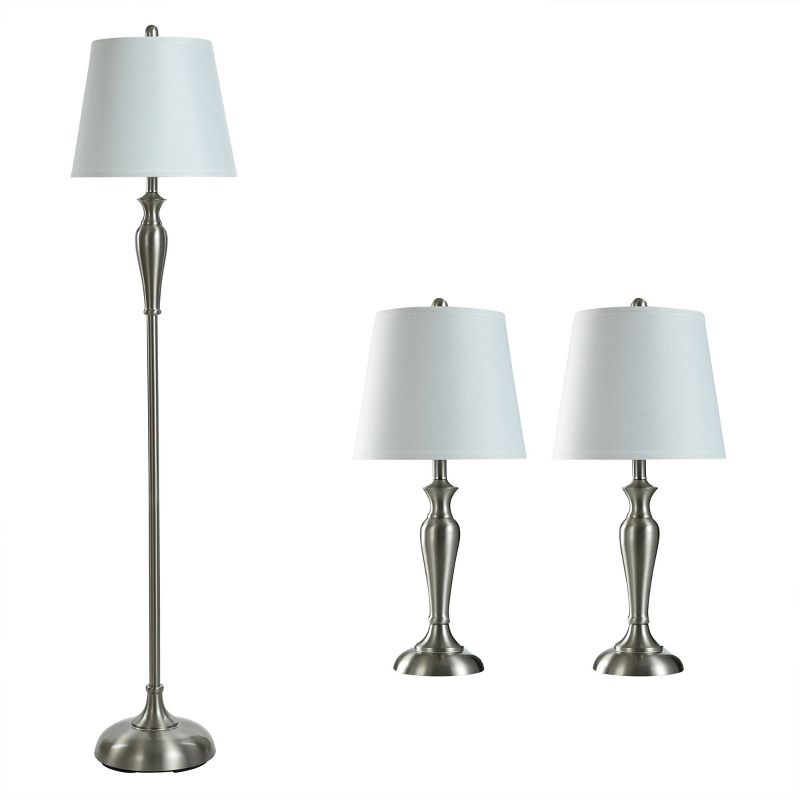2 Table Lamps and 1 Floor Lamp Brushed Steel with White Hardback Shades - StyleCraft, 1 of 5
