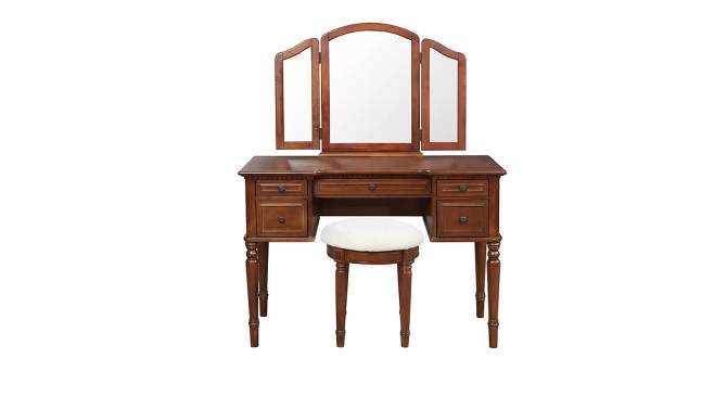 Zelda Traditional Wood Tri-fold Mirror 5 Drawer Vanity Mirror and Bench Warm Cherry - Powell, 2 of 12, play video