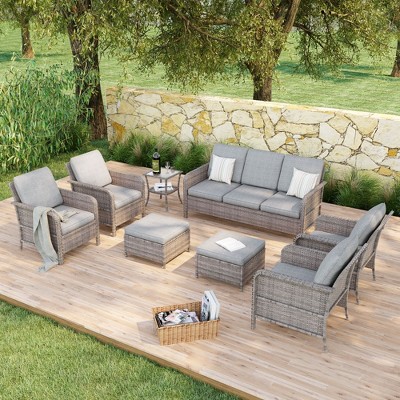 Sonkuki 9 Pieces Patio Sofa with Ottomans Set, All-Weather PE Rattan Wicker, Patio Conversation Couch with Cushion
