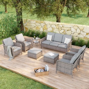 Sonkuki 9 Pieces Patio Sofa with Ottomans Set, All-Weather PE Rattan Wicker, Patio Conversation Couch with Cushion - 1 of 4