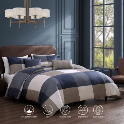 Bebejan Checkered Navy Tan 100% Cotton 5 Piece Reversible Comforter Set