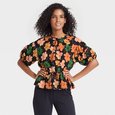 Women's Balloon Elbow Sleeve Popover Blouse - Who What Wear™ Black Floral L