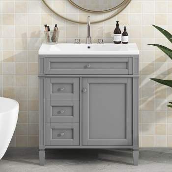 Hassch Modern 30 Bathroom Vanity with Ceramic Basin, Wooden Bathroom  Storage Cabinet with Drawer, White