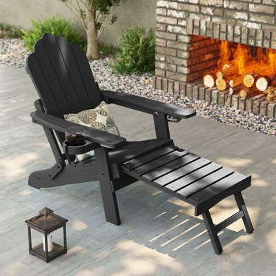 Sonkuki Folding Adirondack Chair with Retractable Ottoman, Fire Pit Patio Chair with Cup Holder Lawn Outdoor Lounge Chair