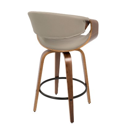 Set of 2 Gray Faux Leather Swivel Counter Stools with Walnut Wood