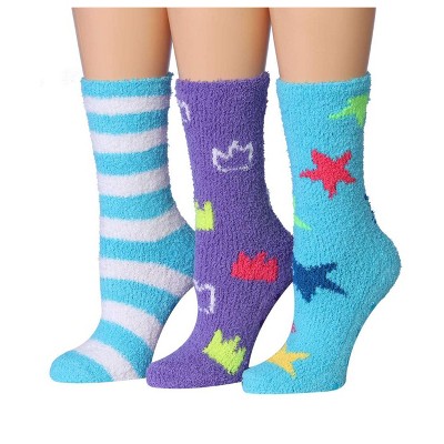 Tipi Toe Women's 3-Pairs Cozy Microfiber Anti-Skid Soft Striped Stars Crown Patterned Fuzzy Crew Socks