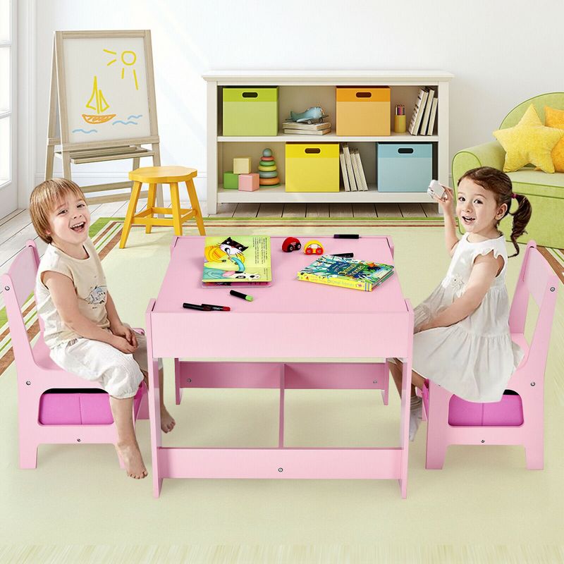 Costway 3 in 1 Wood Activity Table Chair Set w/Storage Box Pink, 5 of 11
