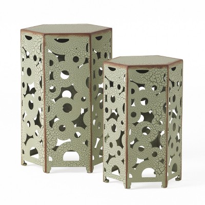 Vynxaria Patio End Tables - Set of 2 Green Accent Tables with Fleur-de-Lis Design