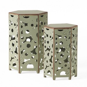 Vynxaria Patio End Tables - Set of 2 Green Accent Tables with Fleur-de-Lis Design - 1 of 4