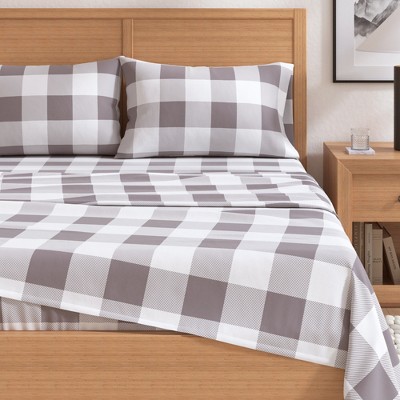 Queen Size Grey Buffalo Check Cotton Flannel Sheet Set