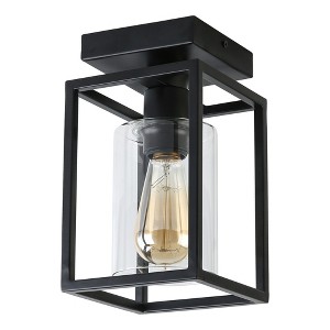 DORESshop 5.51 in. 1-Light Black Farmhouse Industrial Retro Cage Semi Flush Mount with Glass Shade for Living room, Bedroom, Foyer - 1 of 4