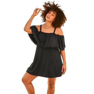 Swim 365 Women's Plus Size Laser-Cut Off-The-Shoulder Swim Dress - 1 of 4