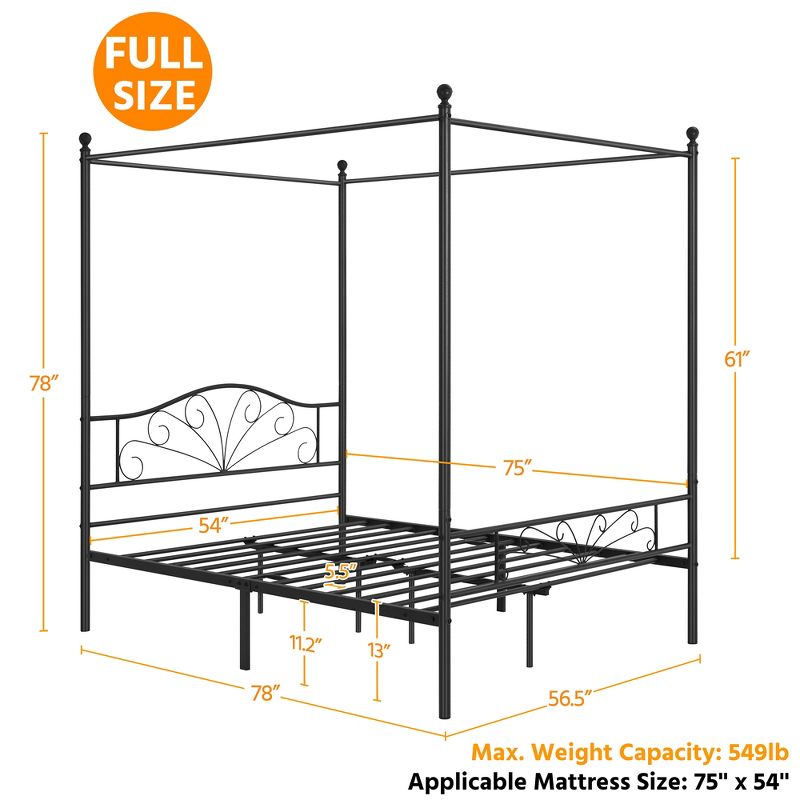 Yaheetech Metal Canopy Bed Frame, Four-poster Canopied Platform Bed with Arched Headboard, 3 of 8