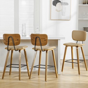 Bekrvio 26" Counter Height Bar Stools - PU Leather Upholstered with Backs, Bent Wood Legs, Mid Century Modern Counter Stools for Kitchen Island - 1 of 4