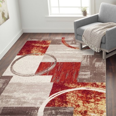 Rust and Ivory Abstract Synthetic 5' x 7' Rectangular Area Rug