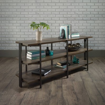 Smoked Oak and Black Metal 55" TV Stand with Open Shelving