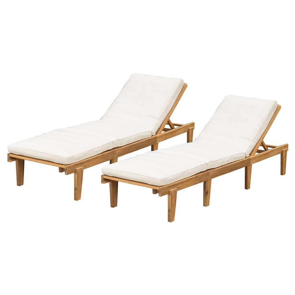Ariana Set of 2 Acacia Wood Patio Chaise Lounge with Cushion - Teak Finish - Christopher Knight Home: Weather-Resistant, Powder-Coated